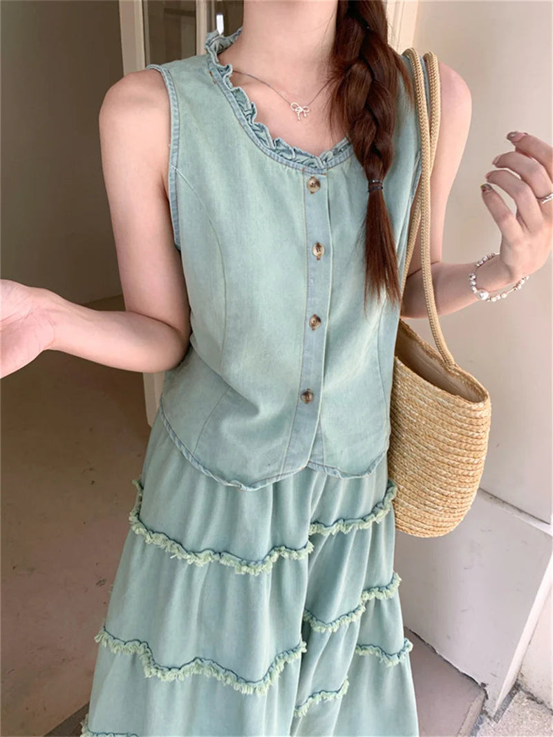 High Street Sweet Ruffles Denim Vest Coats Aline Mopping Suits Slim Loose Summer Skirts Office Lady
