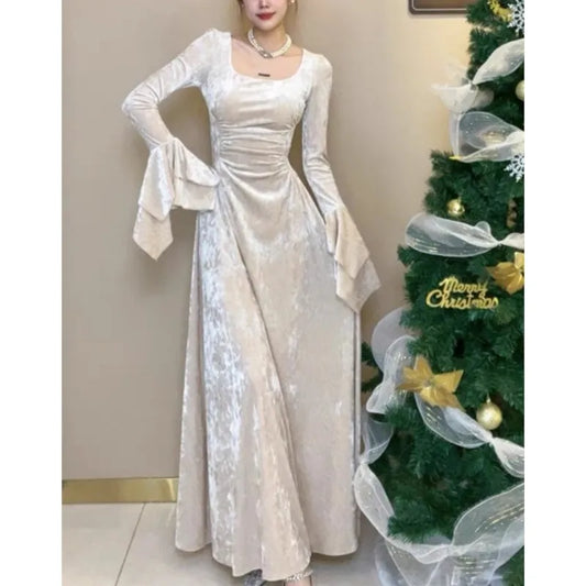 Y2k Velvet Long Dresses for Flare Sleeve Square Collar Slim Waist A-line Autumn Winter Evening Party Prom Robe Vestidos