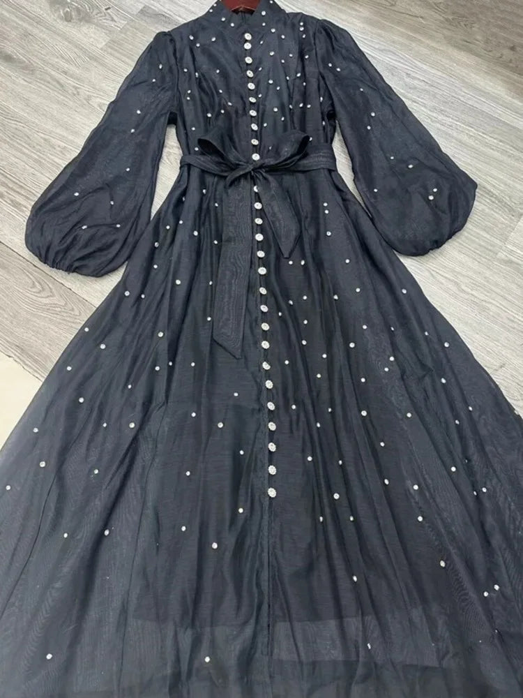 Long Dress British Style Beading Single Breasted Design Gentle Temperament Dresses Spring Autumn