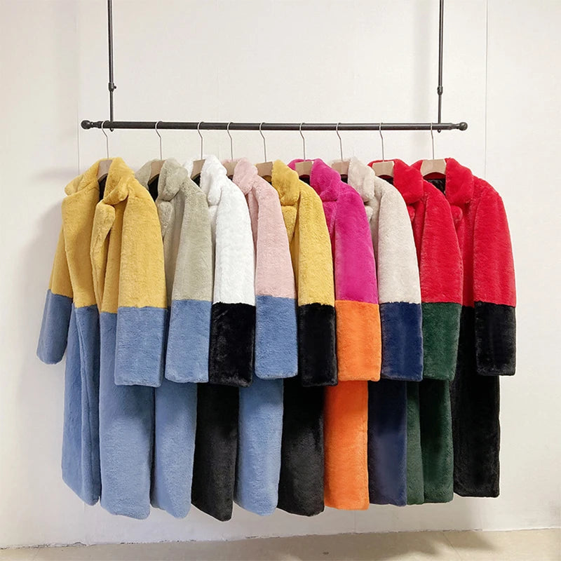 Mixed Color Patchwork Faux Mink Fur Winter Coat Jacket Fluffy Lapel Collar Brand Long Overcoats