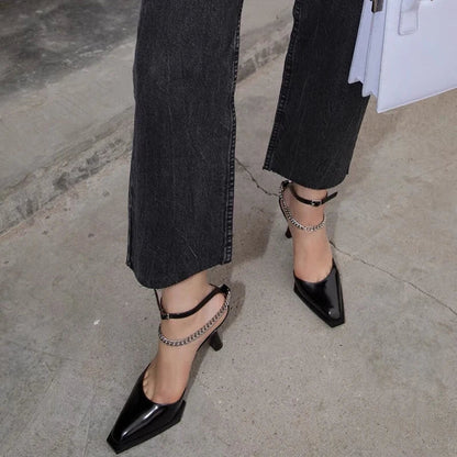 New Buckle Pointed Toe Sandals Metal Chain Sandalias Female Stiletto High Heels Dress Shoes Party Zapatos De Mujer