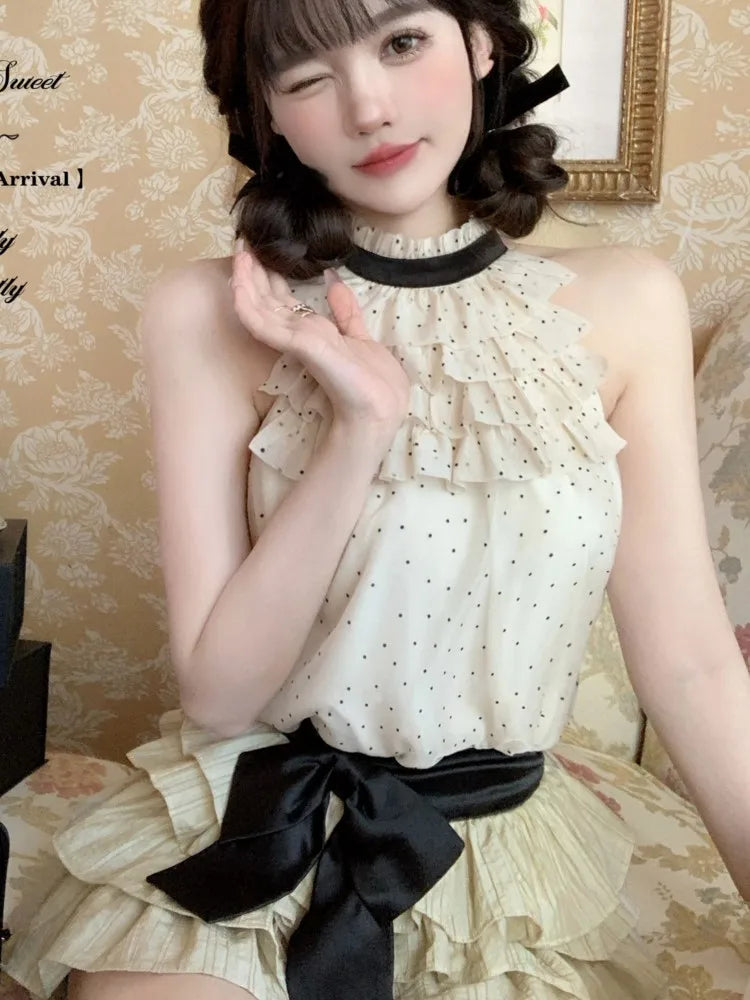 Y2k Polka Dot Two-piece Set Chiffon Halter Sleeveless Top Ruffles A-line Cake Mini Skirt Summer New Korean Outfits