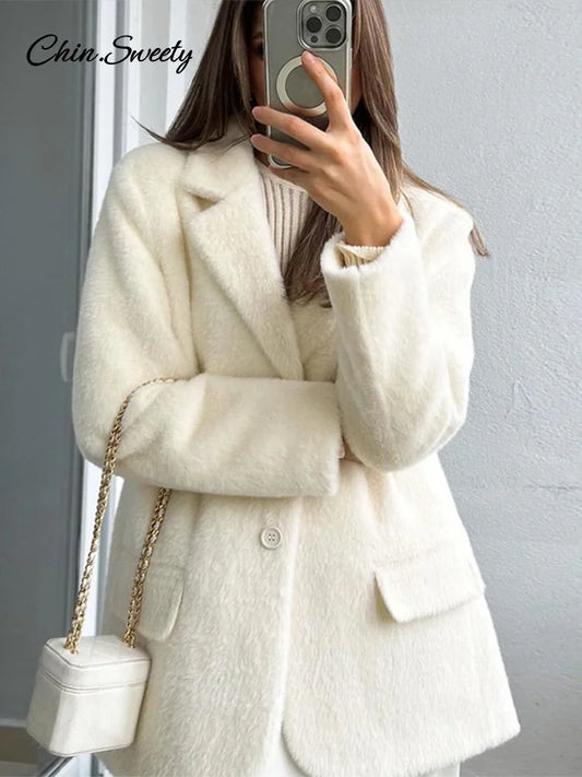 White Mohair Blazer Coat Loose Lapel Single-breasted Long Sleeve Thick Warm Jackets New Office Lady Street Outerwear