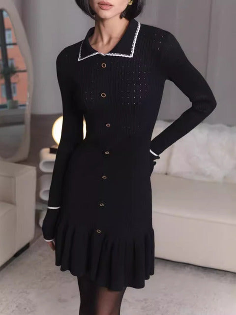 Autumn Long Sleeve Knit Dress for Lapel Single-btrasted Button High Waist Ruffled Mini Dress Knitwear