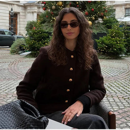 O-neck Plush Short Coats Retro Slim Fit Single Breasted Jackets Female New Spring Office Outwear