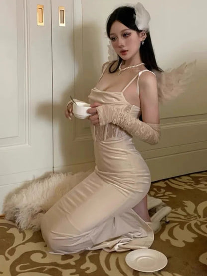 Bodycon Long Dresses for Evening Party Prom Robe Wedding Dress Velvet Lace Patchwork Spaghetti Strap Slim Vestidos