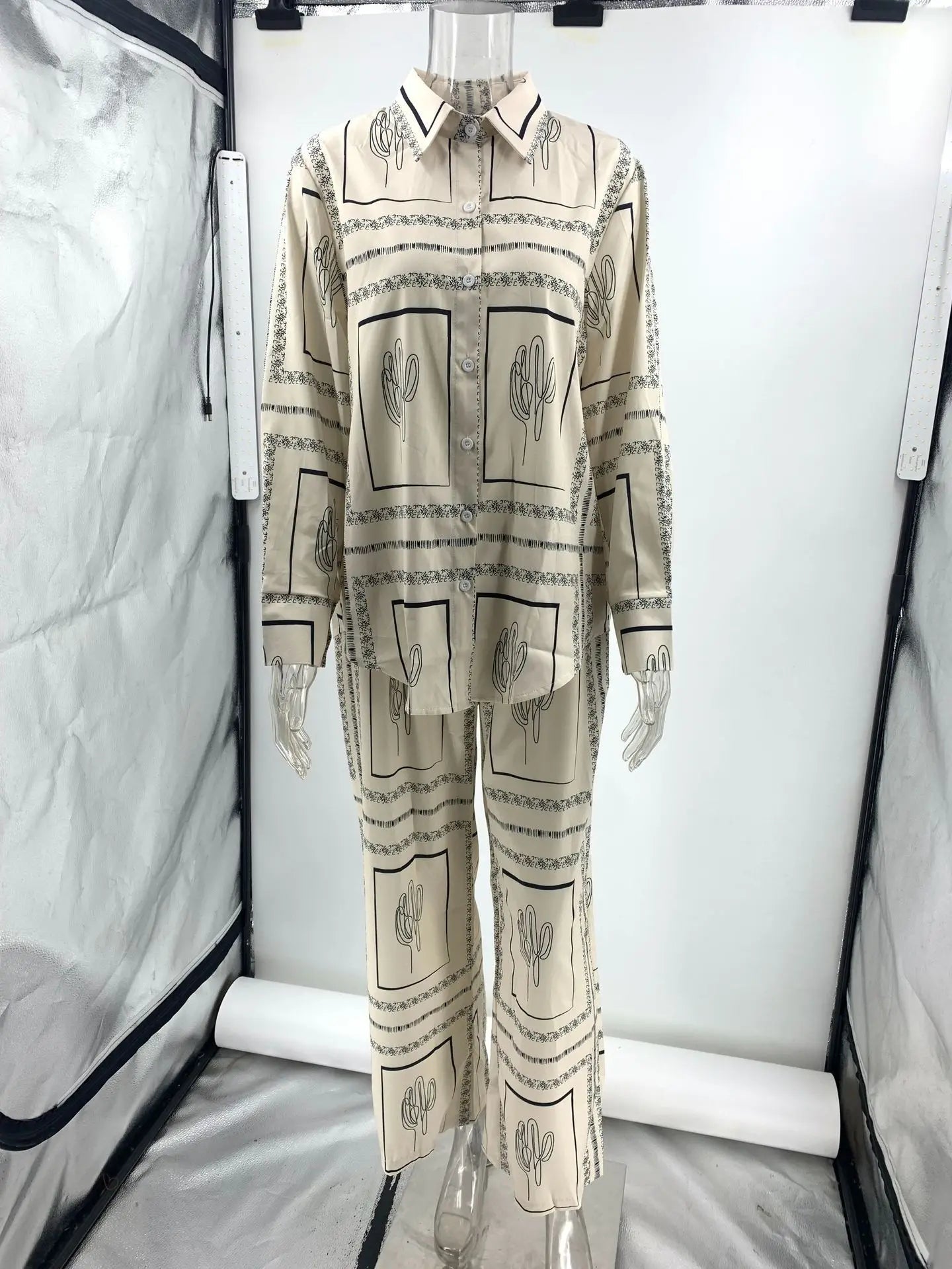 Printed Shirts Two Piece Set Long Sleeve Lapel Shirts High Waist Wide Leg Pants Suit for Home Wear Outfits Clothing