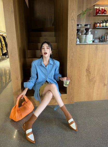 Shirts Tie Long Sleeve French Tops Loose Shirt Button Blouses for Autumn Blue Cotton Top