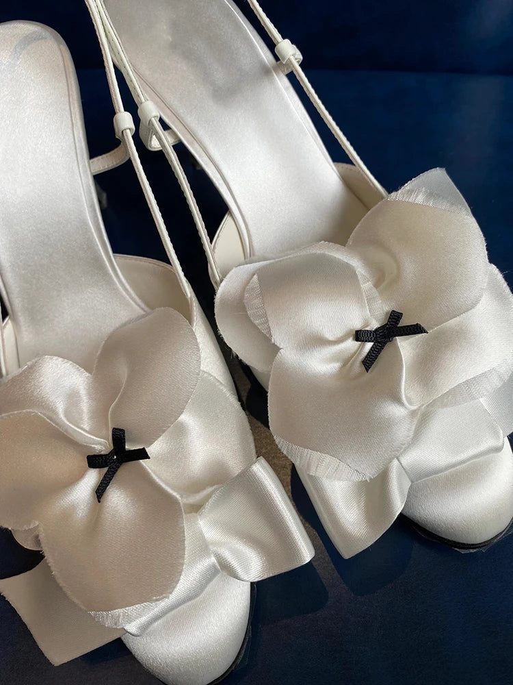 White Flower Sandals Round Toe Black Bow Detail Hollow Slingback Buckle Stiletto Heels Summer Party Dress Shoes