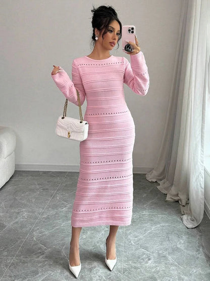 Striped Hollow Two-wear Knitted Long Dress for Party Club Sweater Dress Vestido Femaleslim Outfits