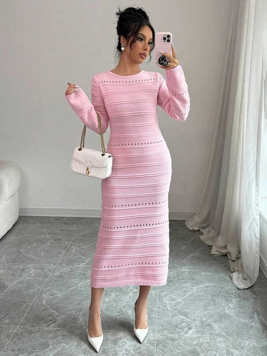 Striped Hollow Two-wear Knitted Long Dress for Party Club Sweater Dress Vestido Femaleslim Outfits