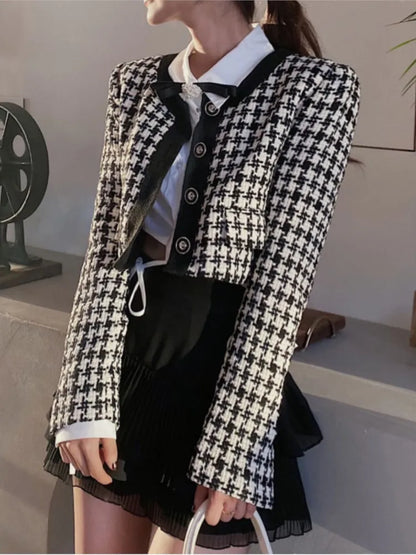 Cropped Jacket French Single Breasted Long Sleeve O-neck Top Autumn Y2k All-match Houndstooth Coats New