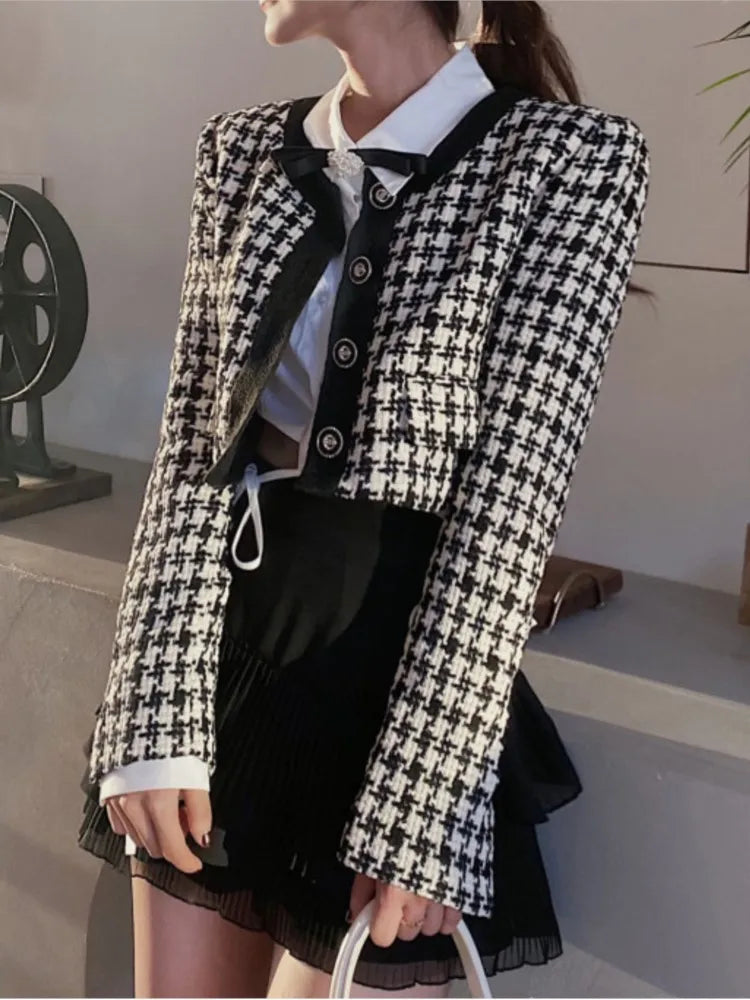 Cropped Jacket French Single Breasted Long Sleeve O-neck Top Autumn Y2k All-match Houndstooth Coats New