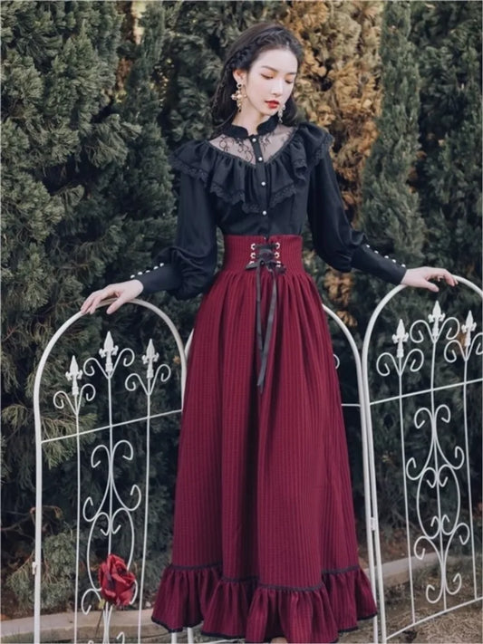 Gothic Two-piece Skirt Sets Black Lace Ruffle Blouse Lace-up Midi Skirt Autumn New Court Retro Suits Y2k Outfits
