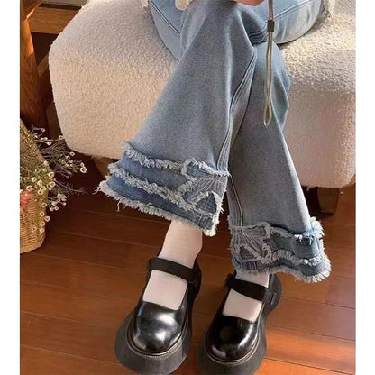 Y2k 2000s Flare Jeans Japanese Bow Patchwork Denim Pants Summer Korean High Waist Slim Straight Trousers New