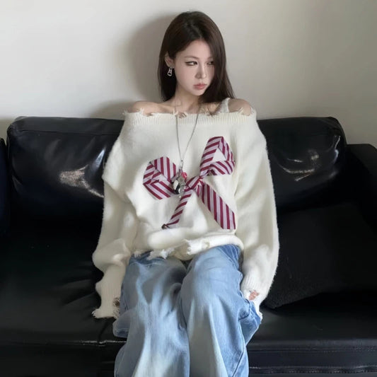 Slash Neck Sweater Harajuku Oversized Bow Knitted Pullovers Korean Off Shoulder Knitwear Aesthetic Long Sleeve Jumpers New
