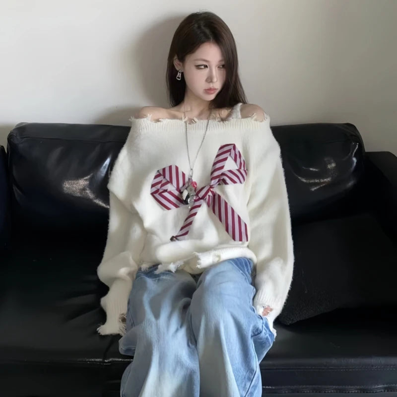 Slash Neck Sweater Harajuku Oversized Bow Knitted Pullovers Korean Off Shoulder Knitwear Aesthetic Long Sleeve Jumpers New