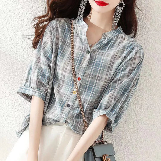 Woman Summer Style Blouses Tops Lady V-neck Short Sleeve Striped Printed Blusas Tops Df4537