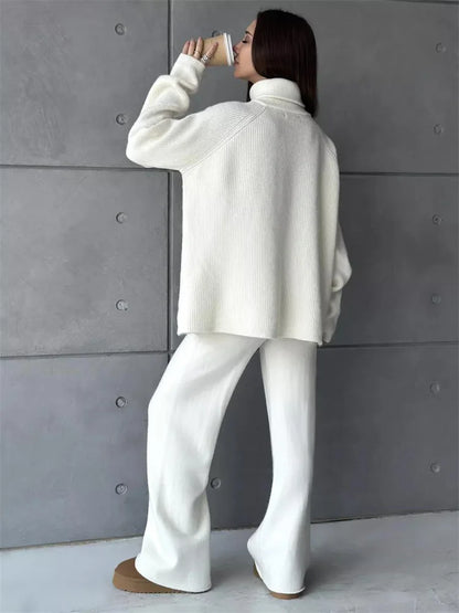 Knit Zipper ’s Pants Sets for Slim Lapel Long Sleeve Pullover and Patchwork Straight Legg 2 Piece-set Winter