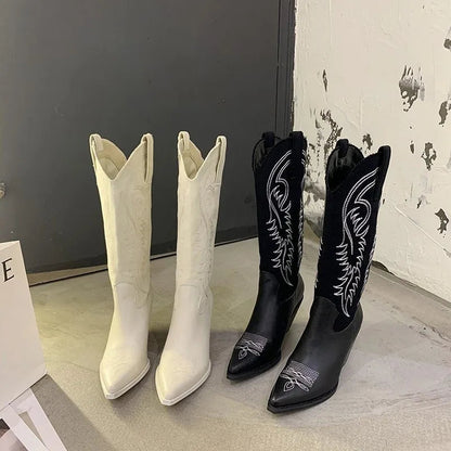 Winter New Western Cowboy Boots Pointed Toe High Heel Shoes Embroidery Chelsea Boots Zapatos Mujer