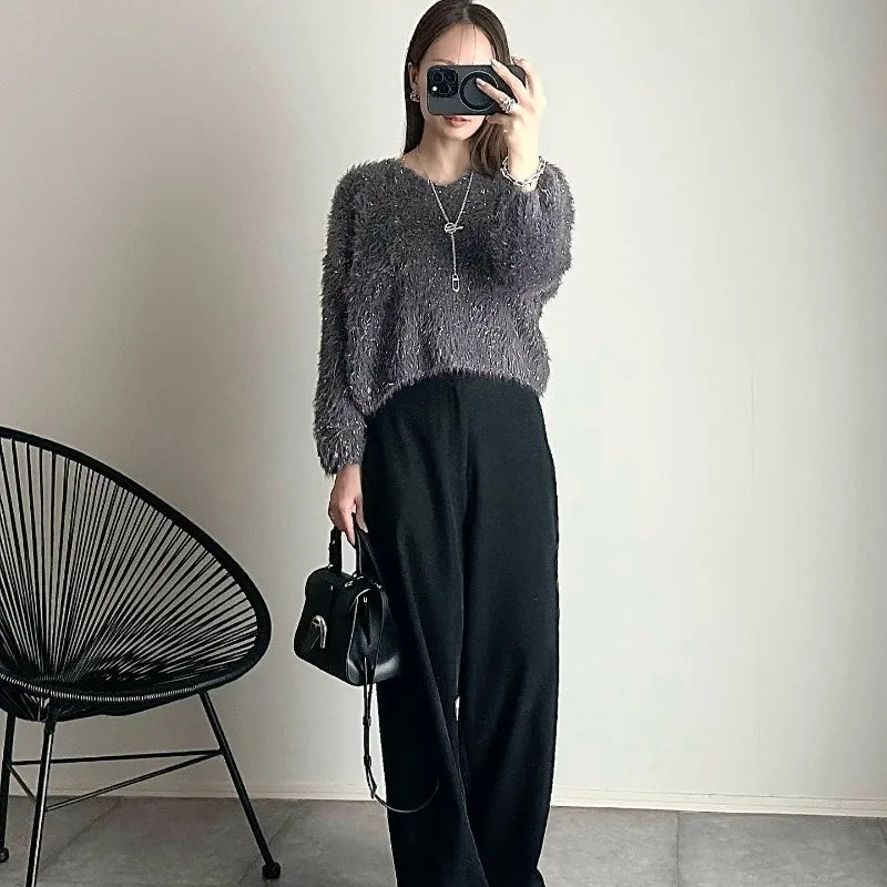 Sweet Hot Girl Vneck Sweater Longsleeved Bright Silk Knitted Pullover Female Clothes
