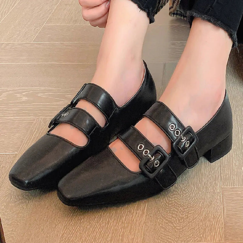 Genuine Leather Double Metal Buckle Slipon Mary Jane Flats Sqaure Toe Female Soft Comfortable Ballerinas Shoes