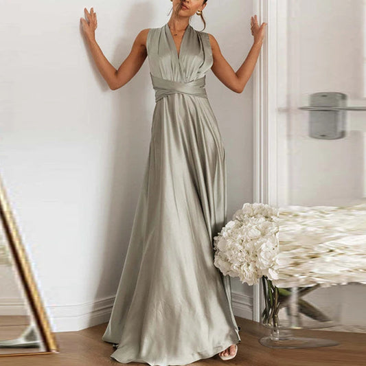 Off Shoulder High Waist Satin Long Dress Color V Neck Sleeveless Dress New Cross Backless Laceup Party Dress