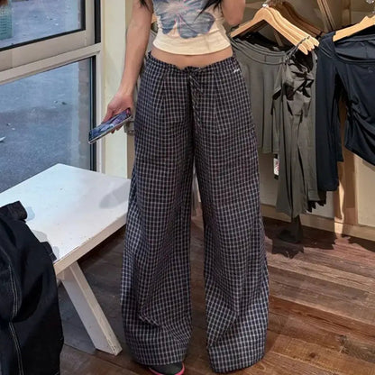 Summer Hot Retro American Lazy Style Straight Tube Loose Mid Low Waist Drawstring Plaid Pants