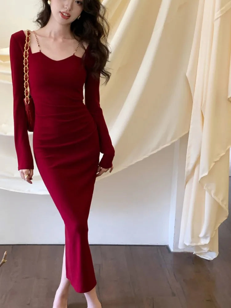 Chain Square Neck Long Sleeves Midi Dresses Spring New French Bodycon Evening Party Female Clothing