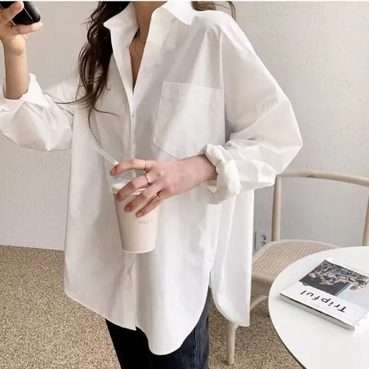Office Lady White Loose Blouses New Cotton Long Sleeve Shirt Turndown Collar Tops