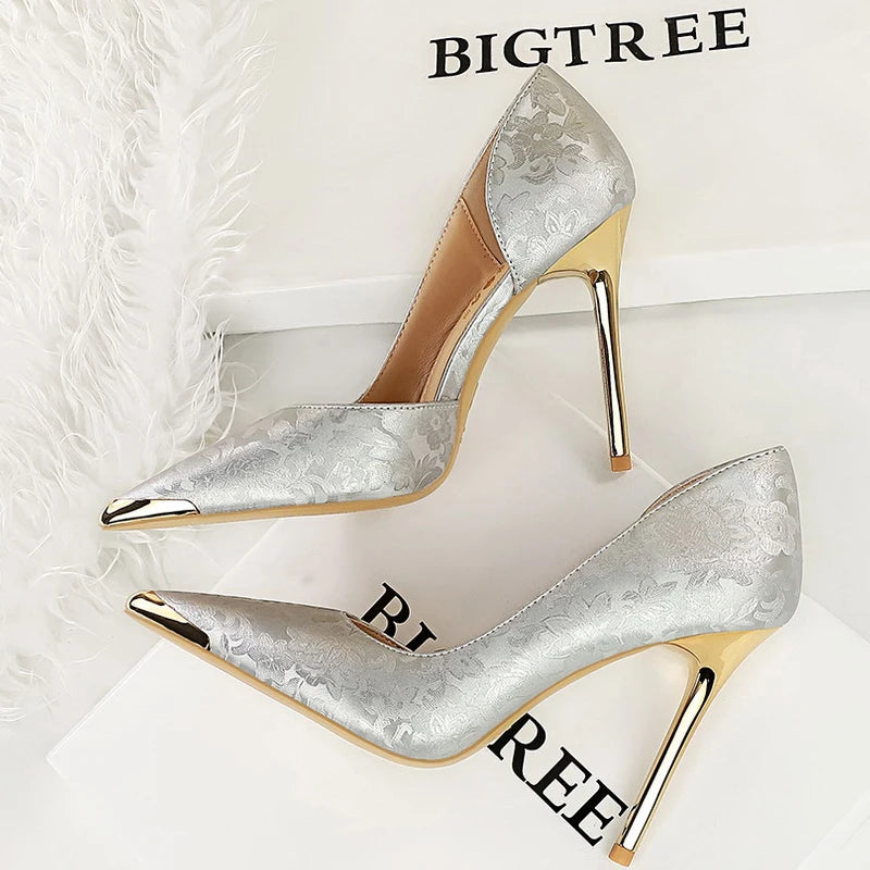 Shoes 11 Cm Heels Silks Satins Woman Pumps Metal Pointed Toe High Heels New Female Pumps Party Shoes