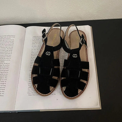 Roman Sandals Summer New Flat Retro Real Leather Sandals Hollowed Cage Shoes