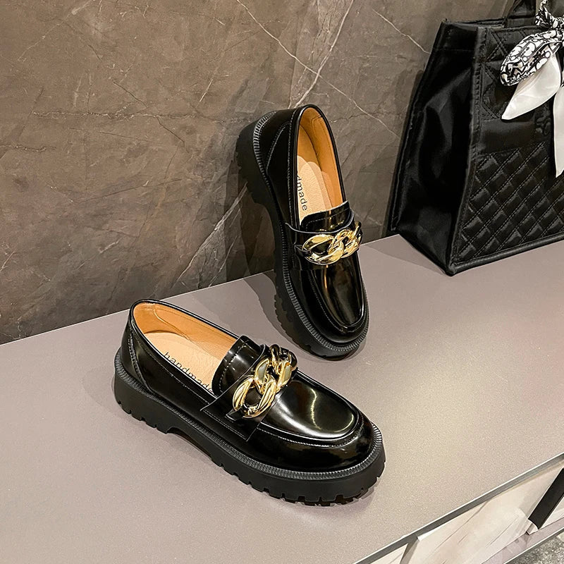 Shoes Spring New Relly Leather Loafers Retro Bite Thicksoled Nonslip Round Toe Shoes