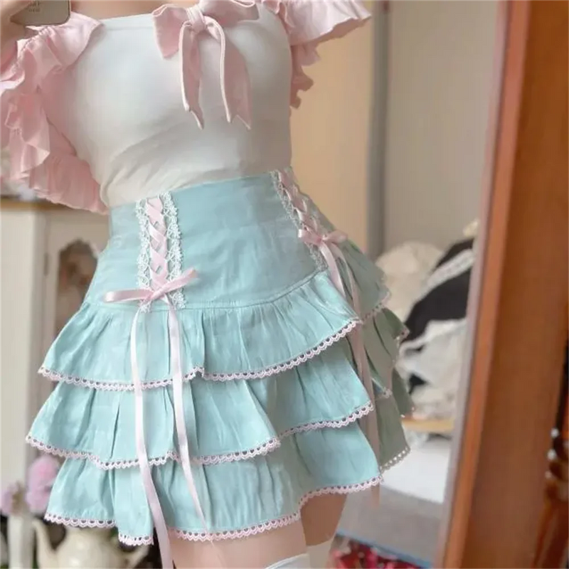 High Waist Bow Laceup Fairy Y2k Aesthetic Cake Mini Skirts Japanese Harajuku Kawaii Lace Pleated Skirts
