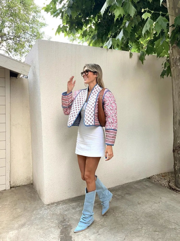 Printed Flower Quilted Reversible Cotton Coat Long Sleeve Open Front Two in One Jackets Autumn Street Outerwear