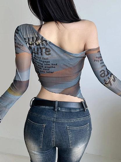 Colour Letter Print Fabric Skew Collar Asymmetric Top Tees Flared Sleeve Design Slim Personality Blouses