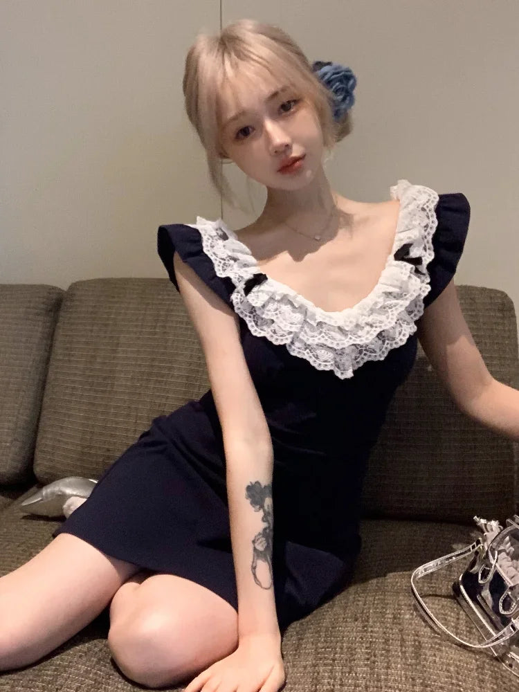 Lace Patchwork Mini Dresses for Flying Sleeve Aline Summer Dresswith Bow Korean Slim Uniform Clothes