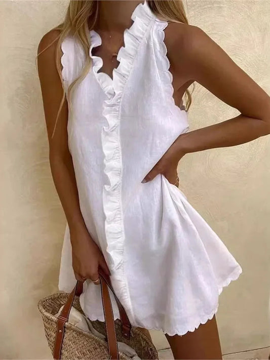 Cotton Linen Ruffle Sleeveless Mini Dress