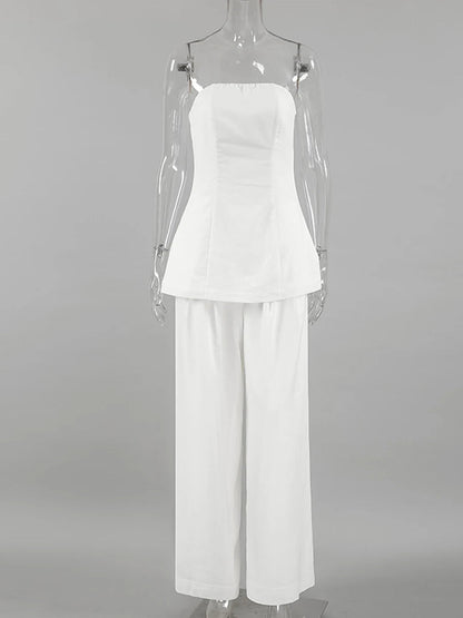 White Simple Wide Leg Pants Sets Summer New Off Shoulder Sleeveless Tube Tops Pants 2 Piece Set