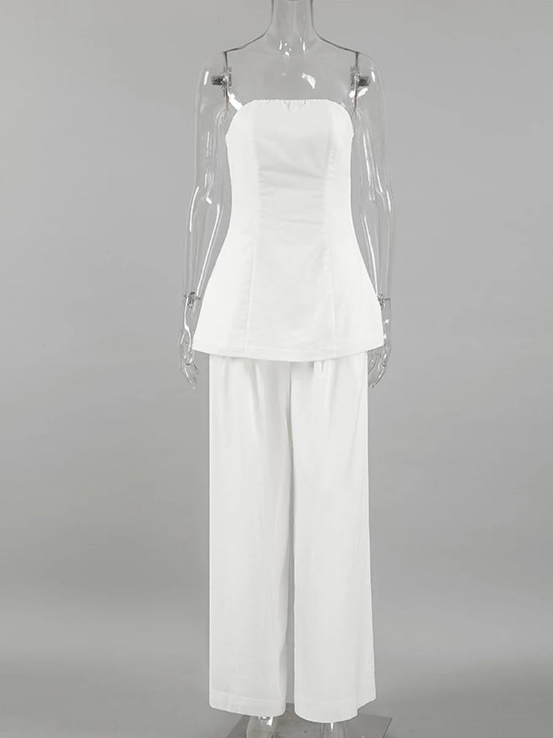 White Simple Wide Leg Pants Sets Summer New Off Shoulder Sleeveless Tube Tops Pants 2 Piece Set
