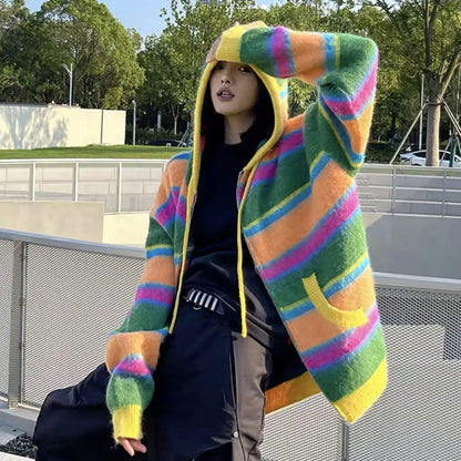 Retro Rainbow Striped Knitted Sweater Cardigan Color Blocked Versatile Autumn Winter Hooded Jacket