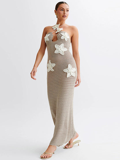 See Through Crochet Knit Maxi Dress for Halter Sleeveless Backless Party Long Dress Beachwear New