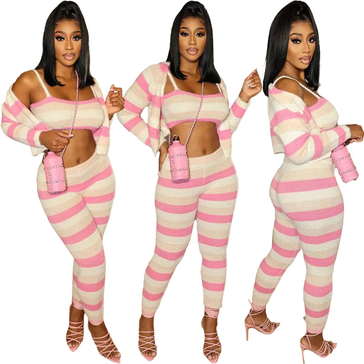 Knit Sweater 3 Piece Set Stretch Fall Colorful Striped Cardigan+camisole Top+pants Matching Outfits