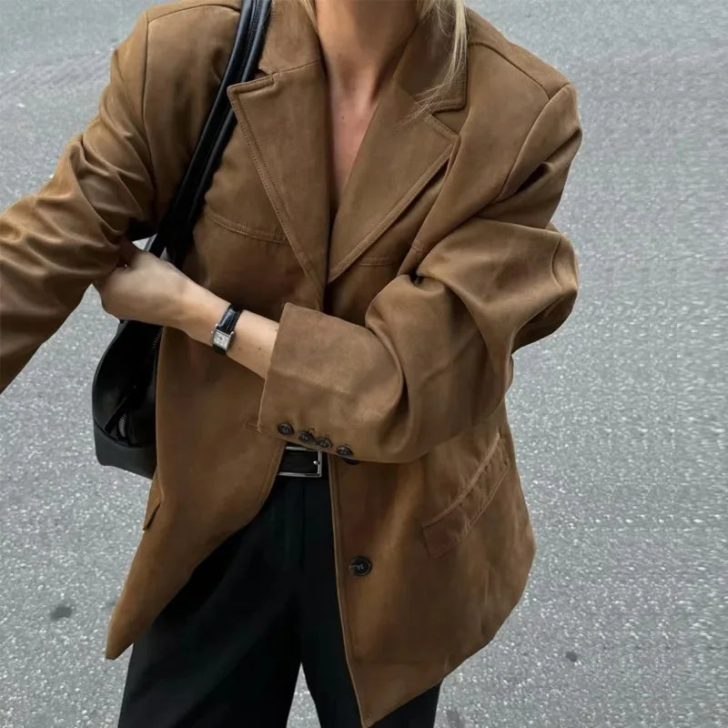 Lapel Pocket Suede Leather Jacket Loose Single Button Oversize Brown Coats Female Street Clothes