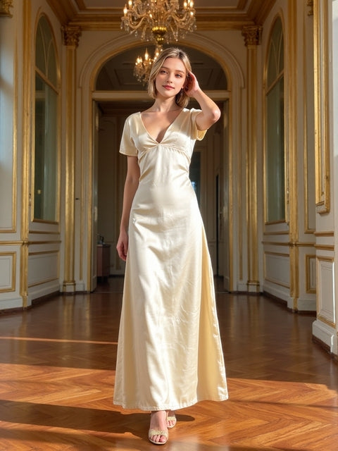 Temperament V-neck High Waist Evening Dress Backless Sleeveless Party Dresses ’s Hollow Long Dress