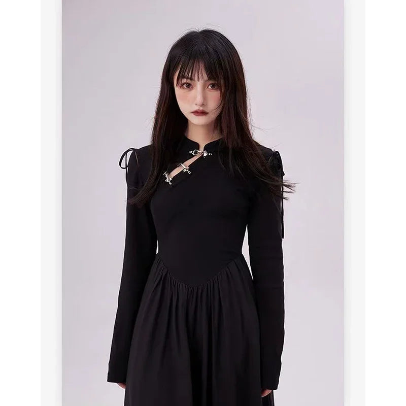 Black Gothic Dress Y2k Long Sleeve Party Bottoming New Korean Harajuku Lady Midi Dress