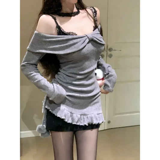 2 Piece Dress Sets Thin Y2k Knitted Sweater + Strap Black Dress Evening Party Clothing Korean Suits