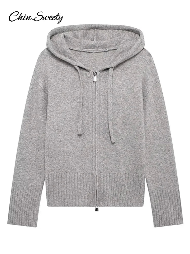 Hooded Cardigans Gray Long Sleeve Soft Zipper Ribbed Sweater Female Spring Simple Slim-fit Top New