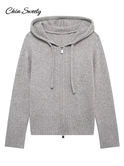 Hooded Cardigans Gray Long Sleeve Soft Zipper Ribbed Sweater Female Spring Simple Slim-fit Top New