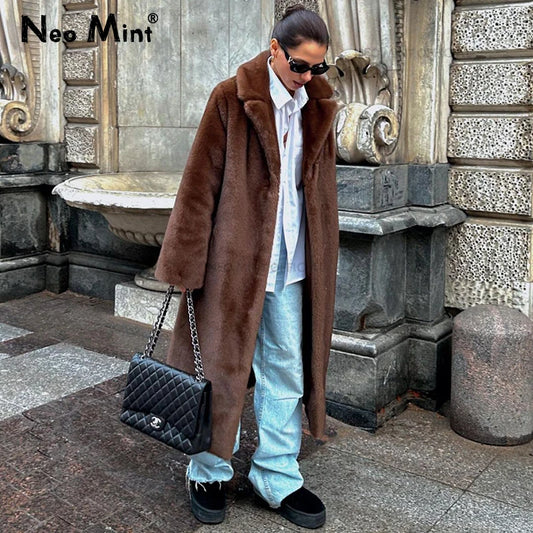 Winter Faux Mink Fur Coat Iconic Brand Long Outerwear Jacket Crystal Hooks Street Style Warm Overcoat